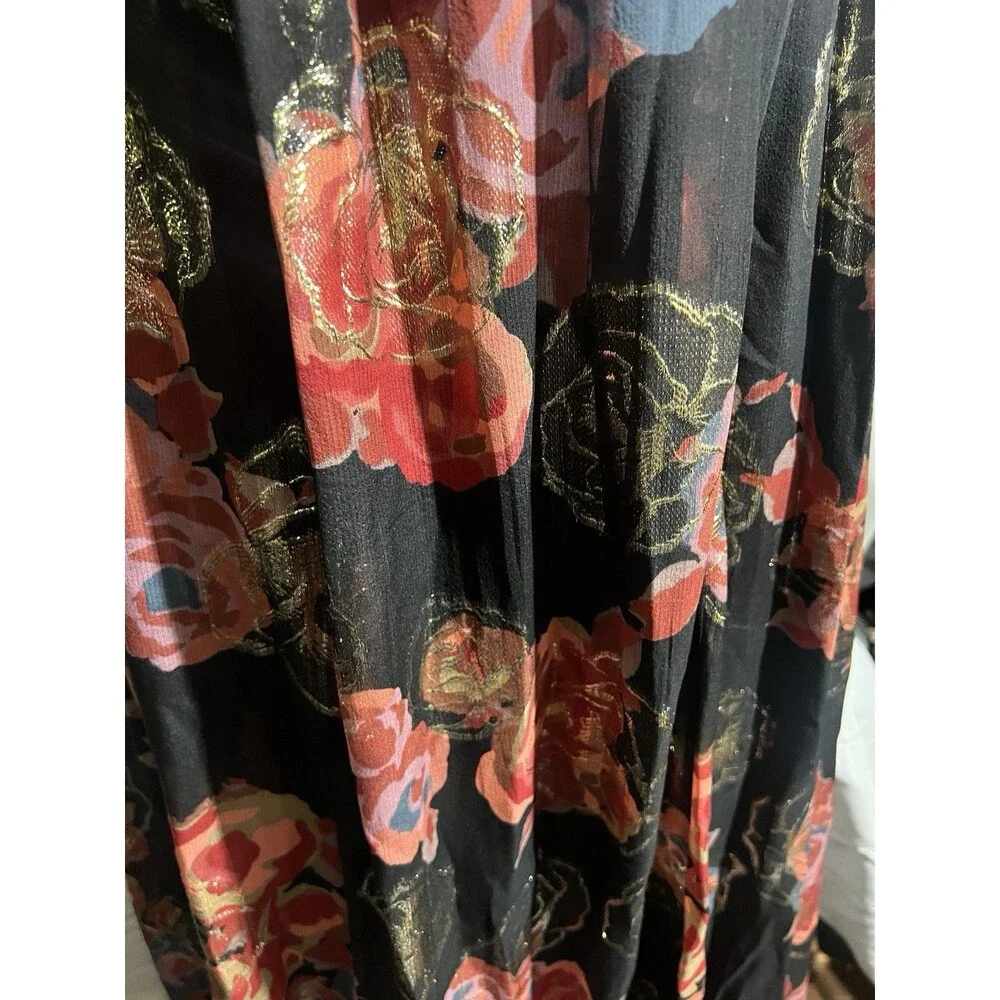 Free People Dress Woman's S Shadows Maxi Black Gold Floral Print Cocktail Zip